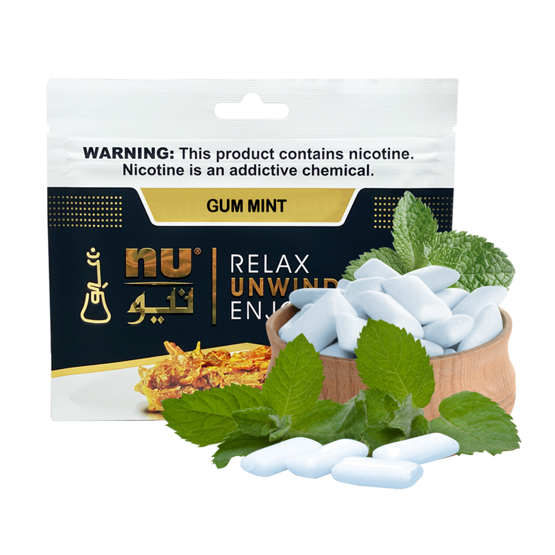 A 50 gram pack of nu Shisha tobacco, Mint Gum flavor.
